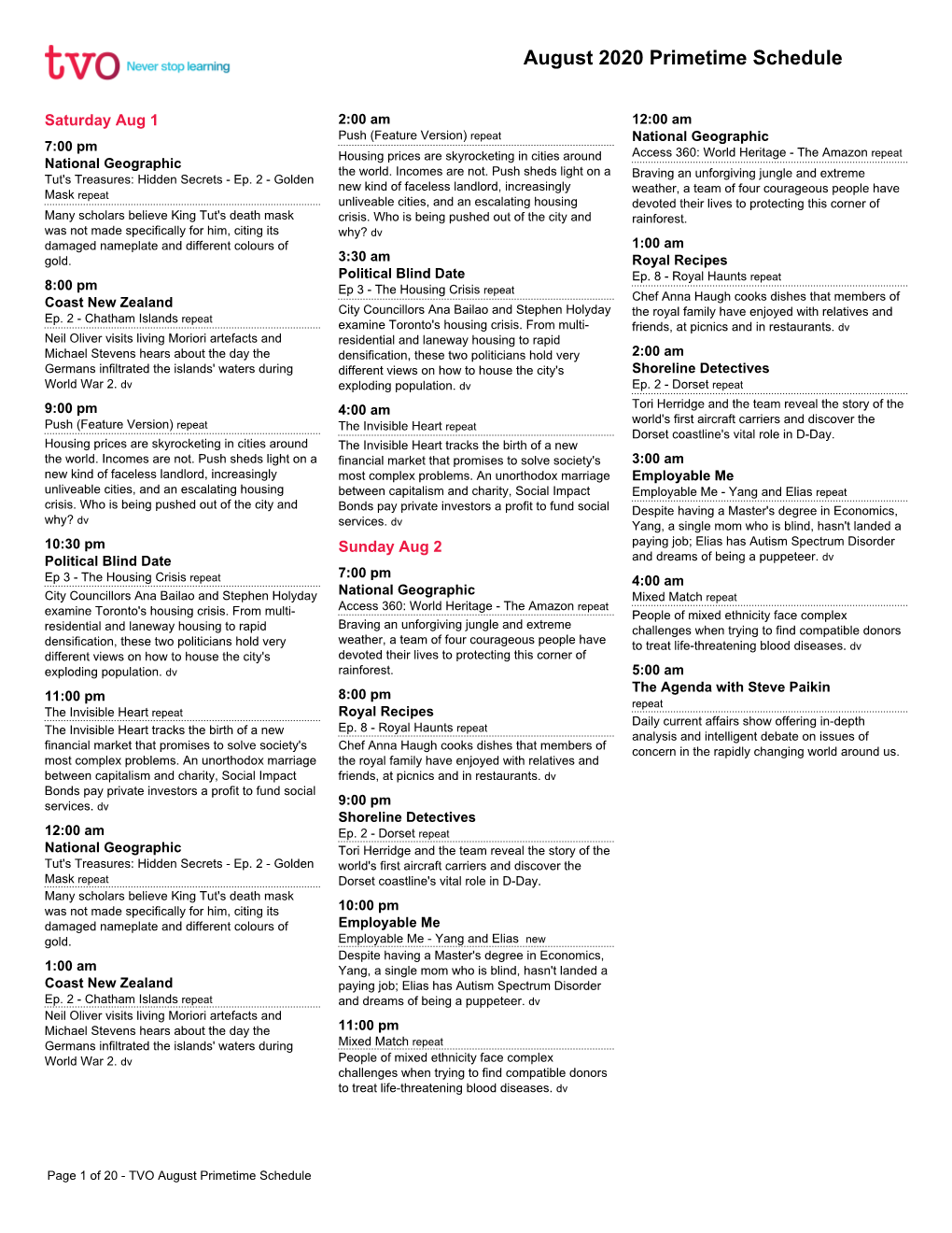 August 2020 Primetime Schedule