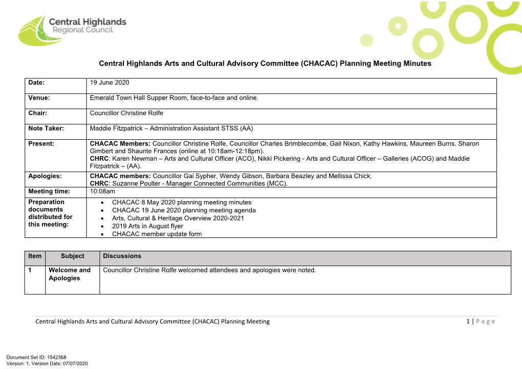 ECM 1542368 V1 CHACAC 19 June 2020 Planning Meeting Minutes