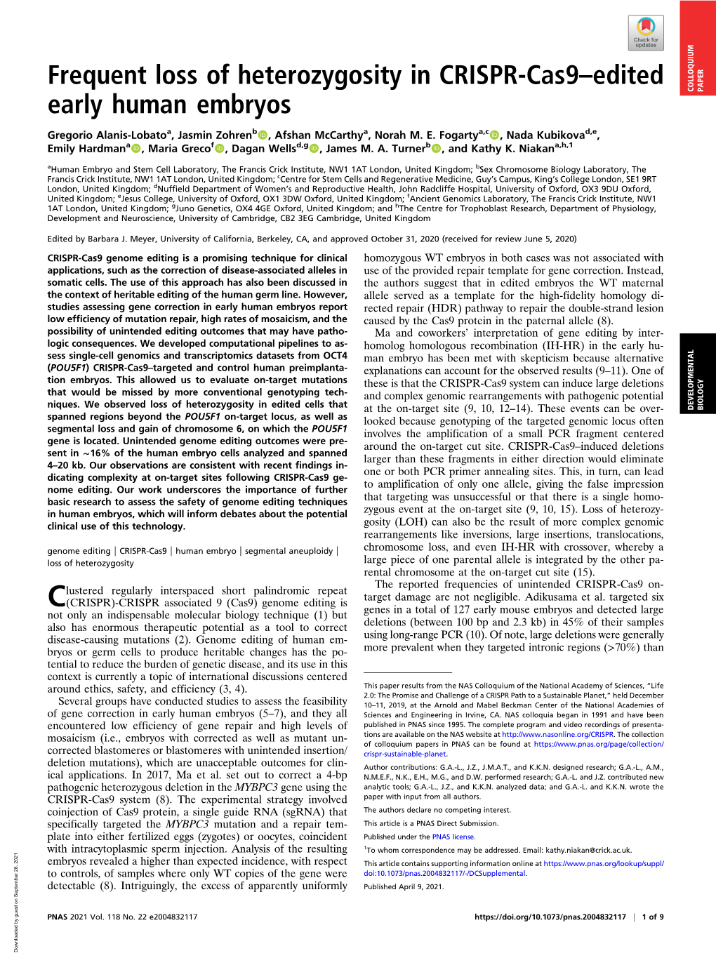 Frequent Loss of Heterozygosity in CRISPR-Cas9–Edited Early Human