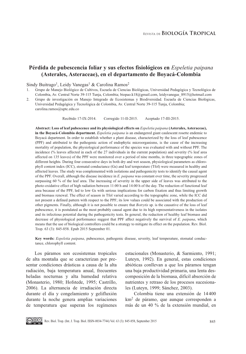 Pérdida De Pubescencia Foliar Y Sus Efectos Fisiológicos En Espeletia Paipana (Asterales, Asteraceae), En El Departamento De Boyacá-Colombia