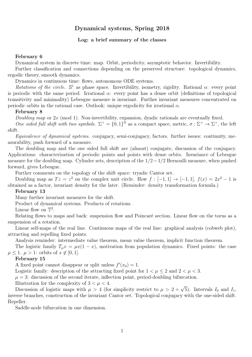 Dynamical Systems, Spring 2018