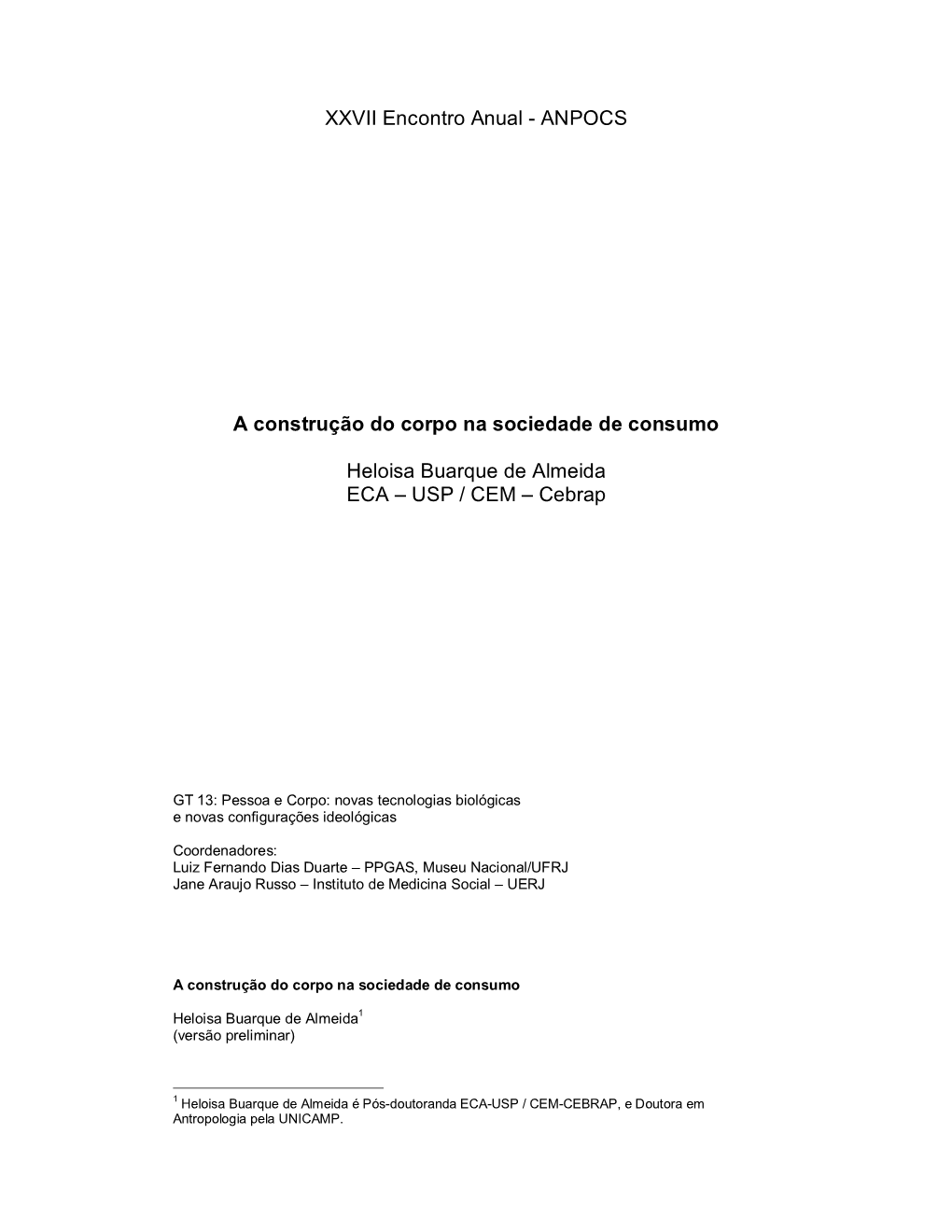 ANPOCS a Construção Do Corpo Na Sociedade De Consumo Heloisa