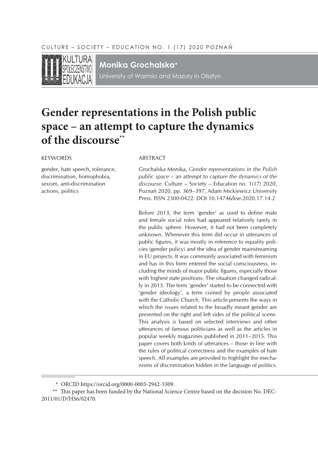 Gender Representations in the Polish Public Space – an Attempt to Capture the Dynamics of the Discourse**12