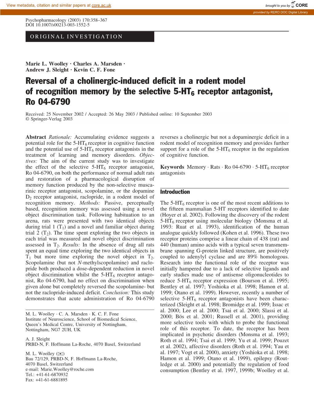 Reversal of a Cholinergic-Induced Deficit in a Rodent Model of Recognition Memory by the Selective 5-HT6 Receptor Antagonist, Ro 04-6790