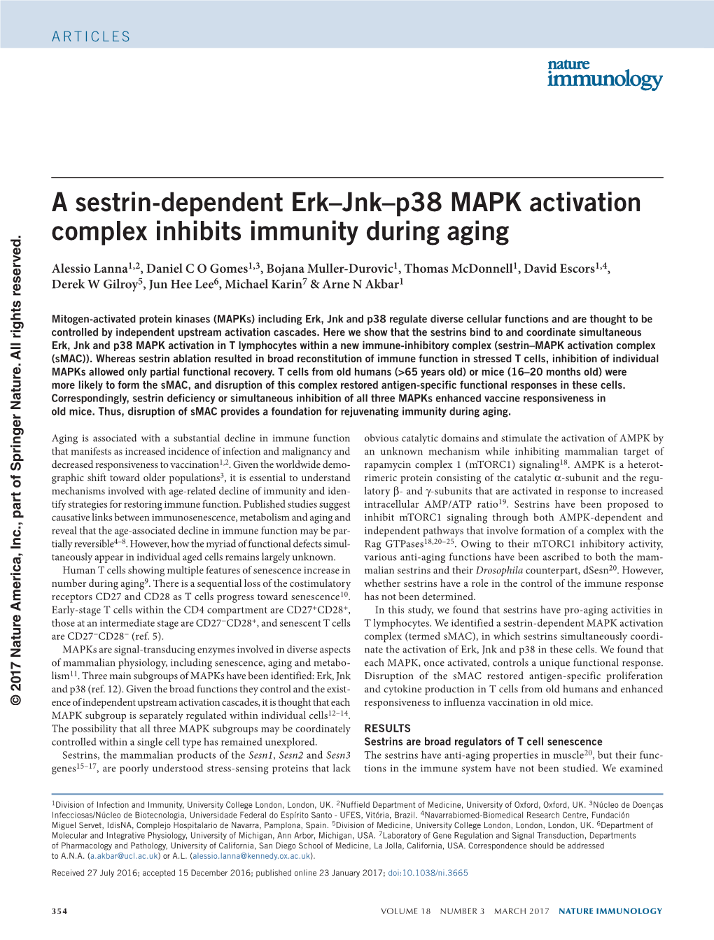 A Sestrin-Dependent Erk–Jnk–P38 MAPK Activation Complex Inhibits Immunity During Aging