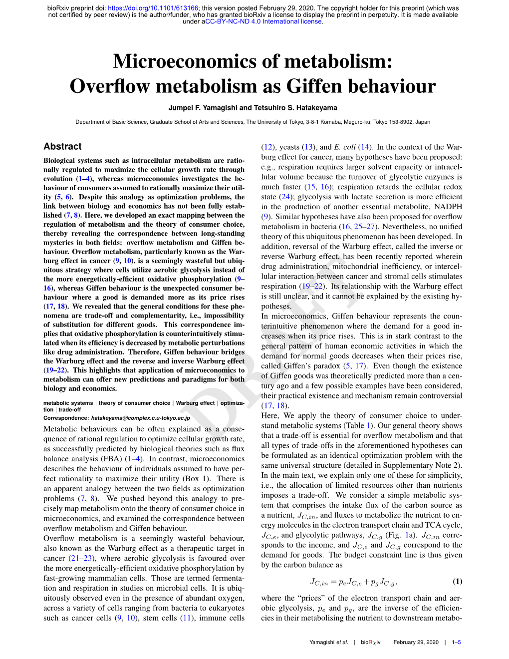 Microeconomics of Metabolism: Overflow Metabolism As Giffen
