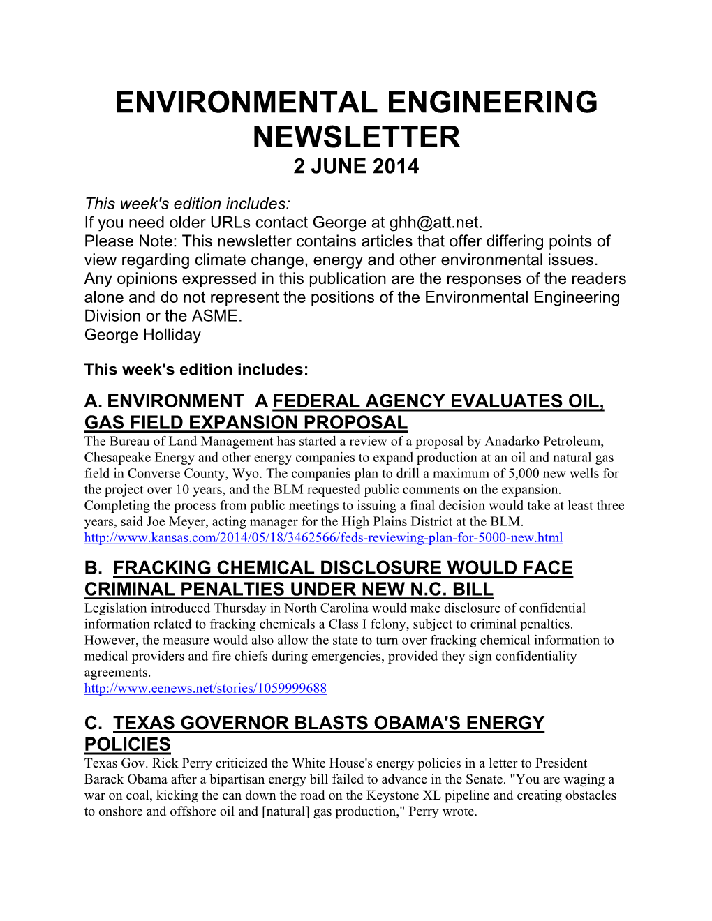 Environmental Engineering Newsletter 2 June 2014