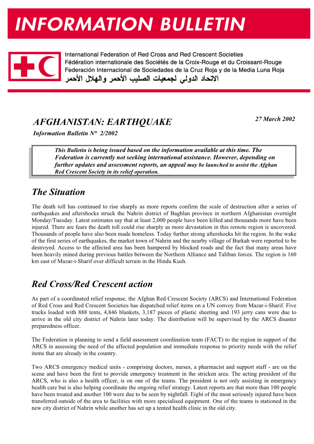 Afghanistan Earthquake Information Bulletin No.2