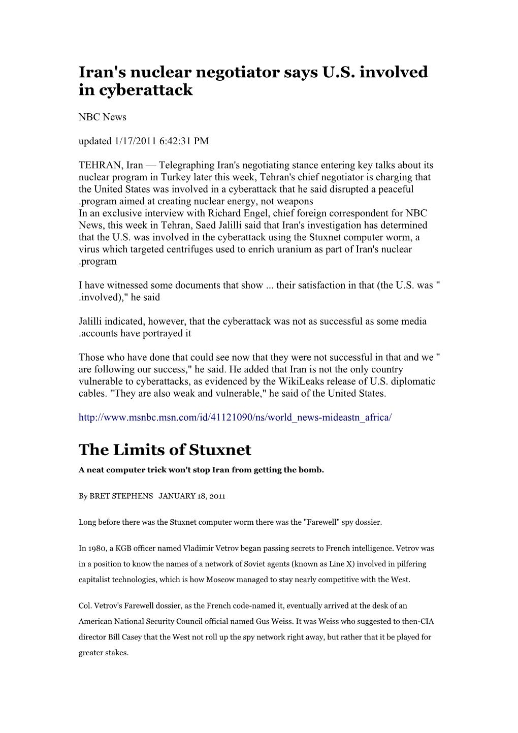 The Limits of Stuxnet Virus in Iran Nuclear Program in PDF 18/1/11