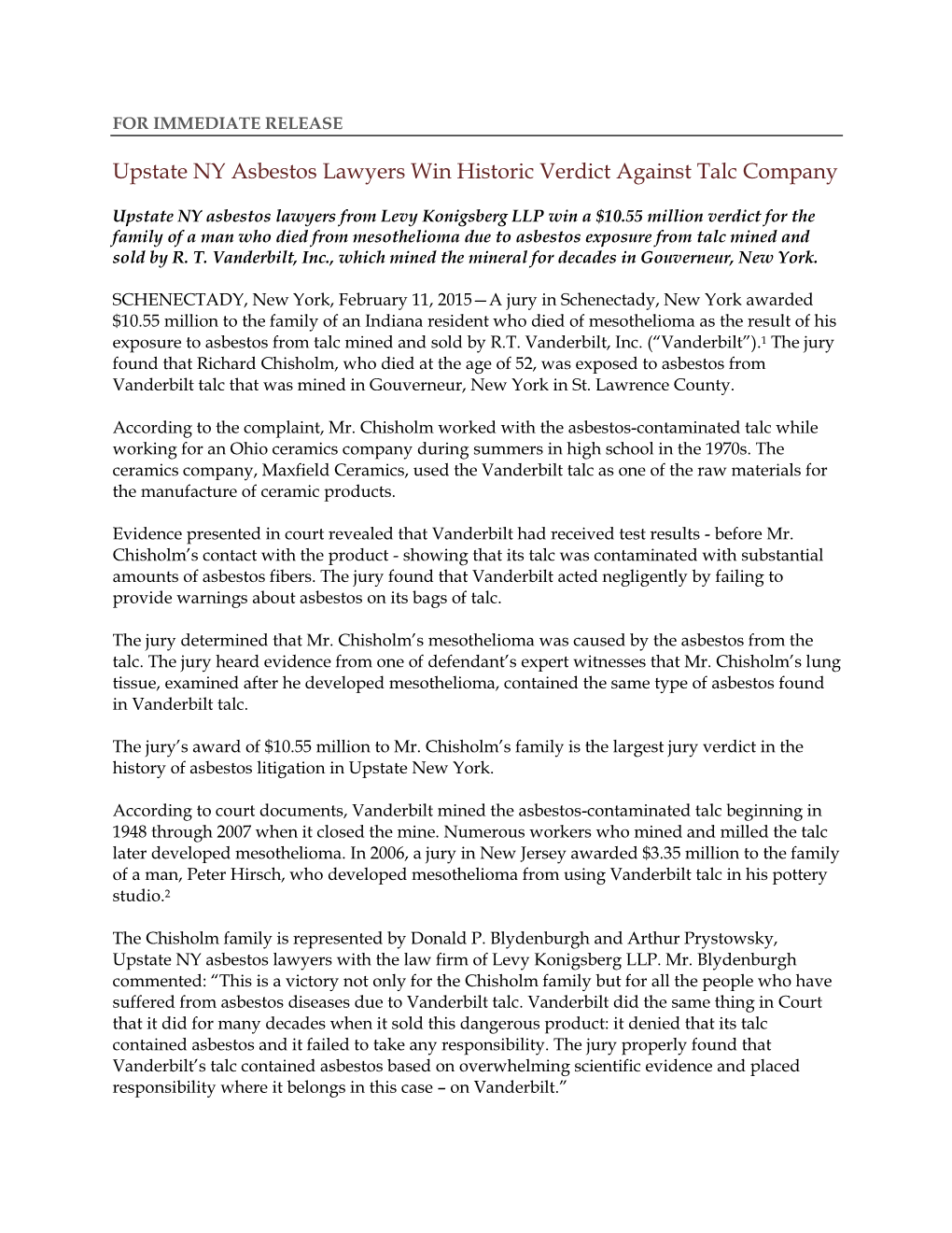 Upstate NY Asbestos Lawyers Win Historic Verdict Against Talc Company