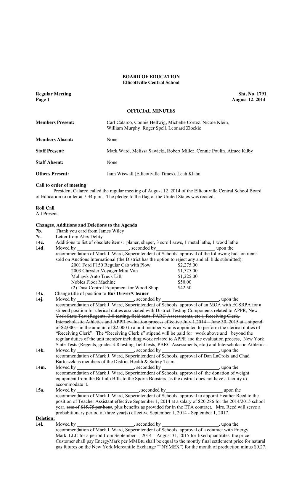 Official Board Minutes August 12 2014