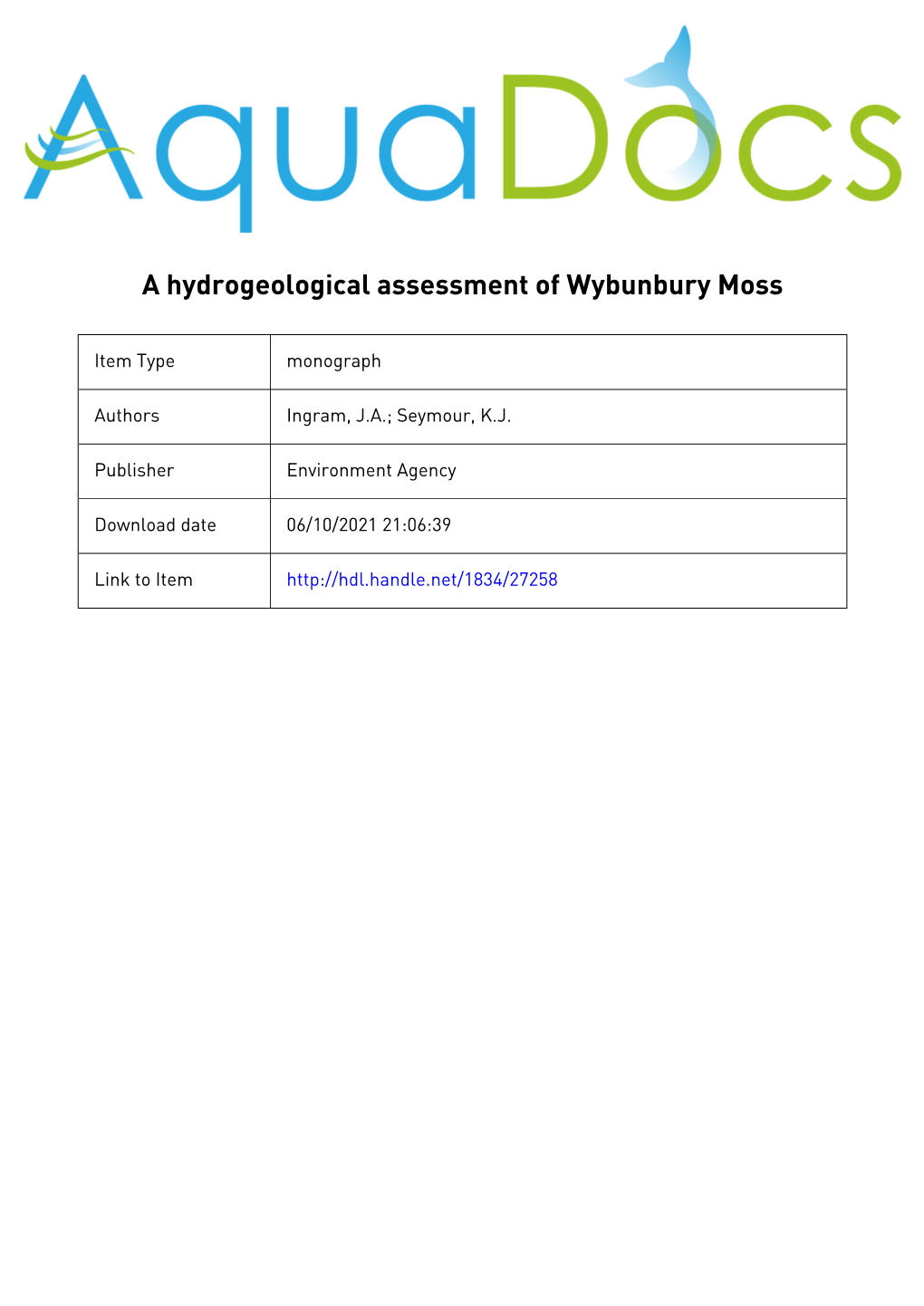 A Hydrogeological Assessment of Wybunbury Moss
