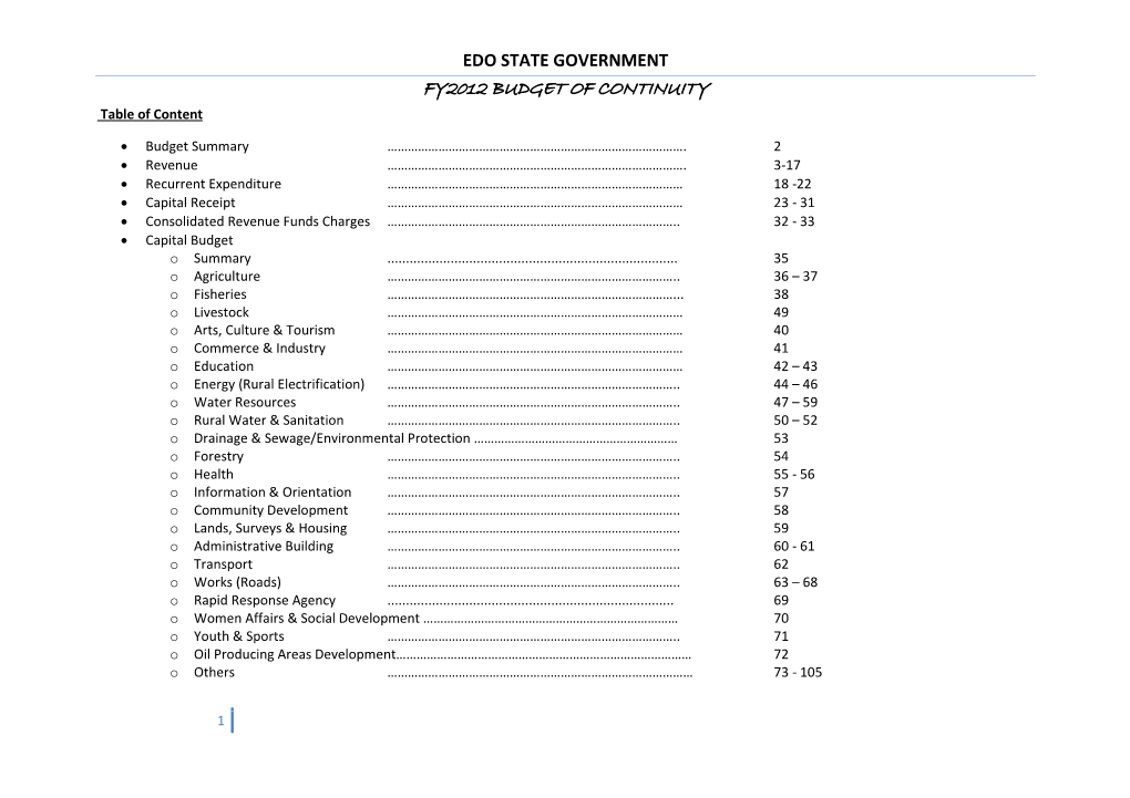 EDO STATE GOVERNMENT FY2012 BUDGET of CONTINUITY Table of Content