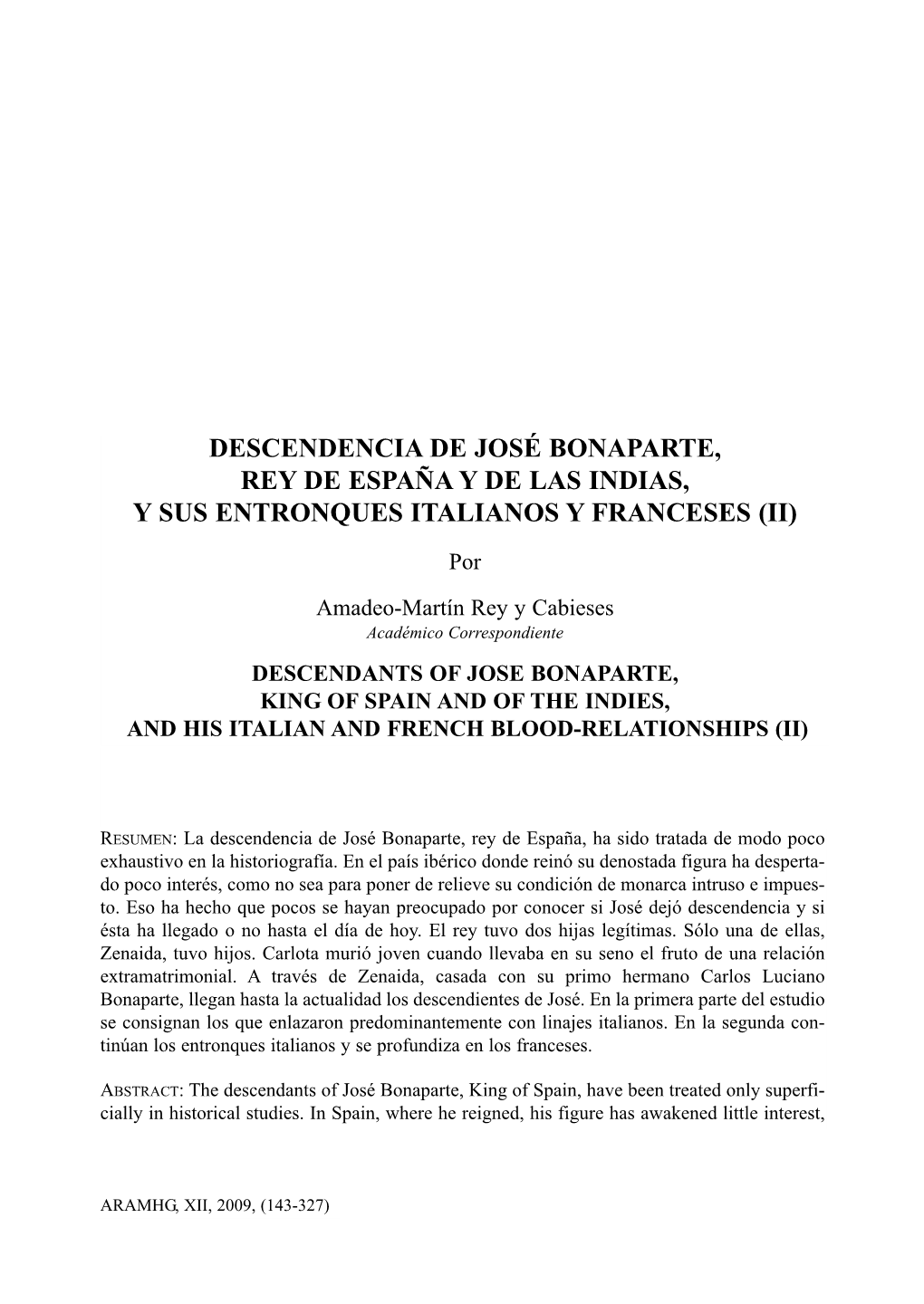 Descendencia De José Bonaparte, Rey De España Y De Las Indias, Y Sus