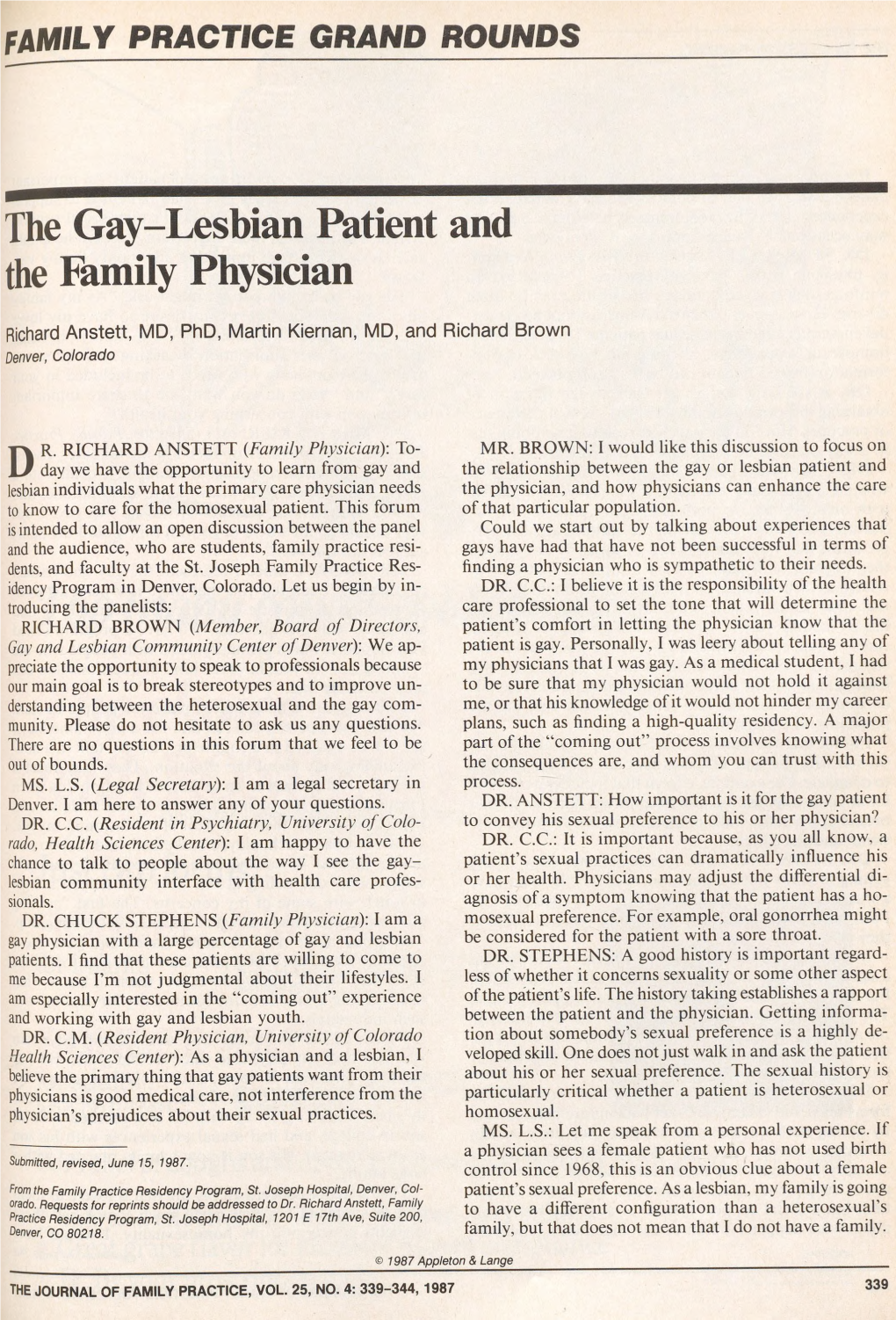 The Gay-Lesbian Patient and the Family Physician