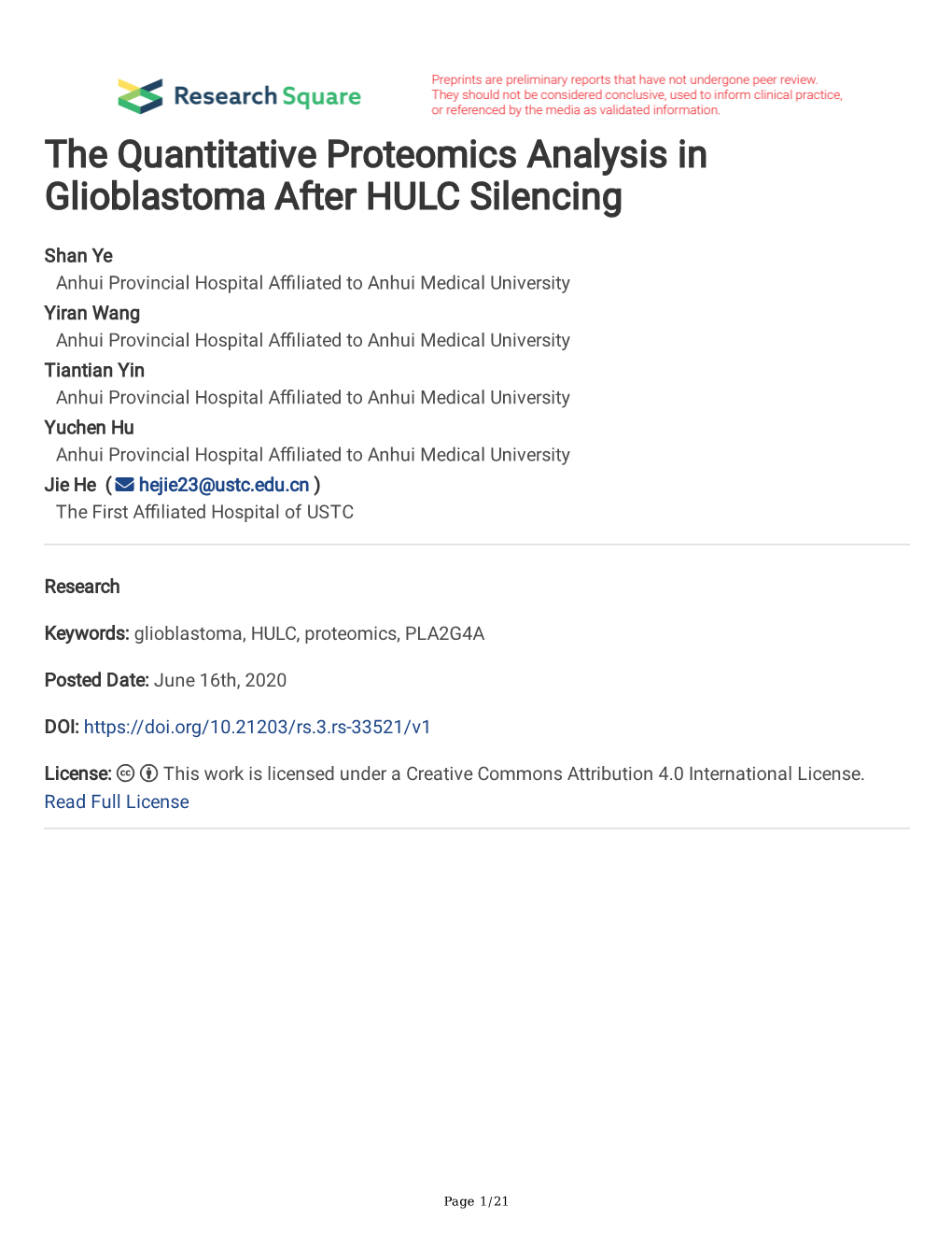 The Quantitative Proteomics Analysis in Glioblastoma After HULC Silencing