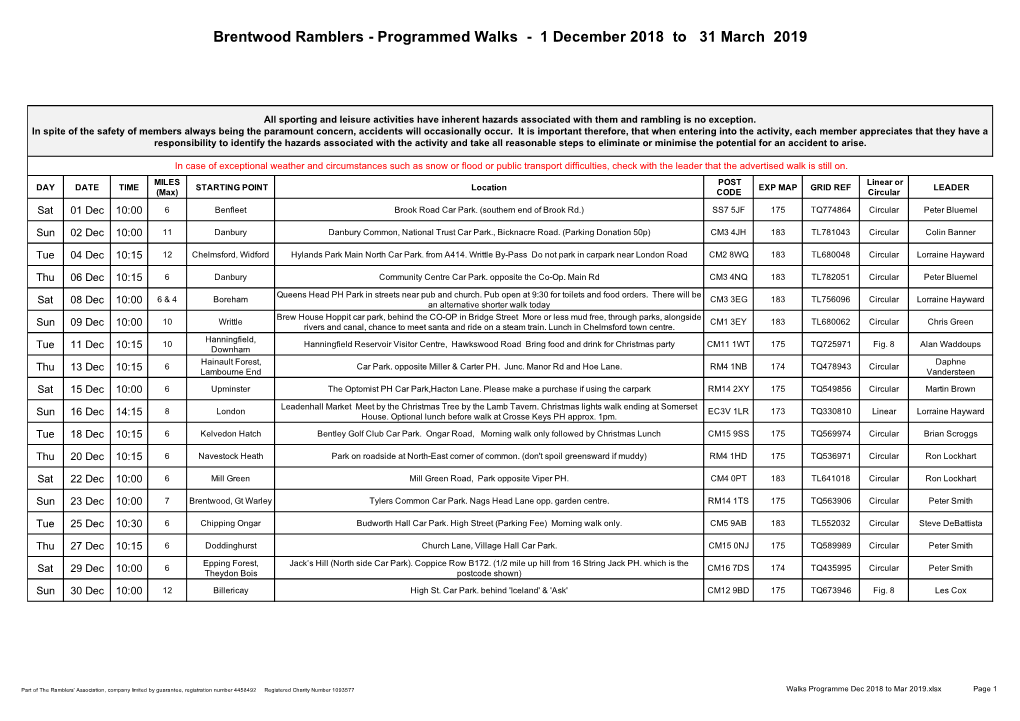 Walks Programme Dec 2018 to Mar 2019.Xlsx Page 1 Brentwood Ramblers - Programmed Walks - 1 December 2018 to 31 March 2019