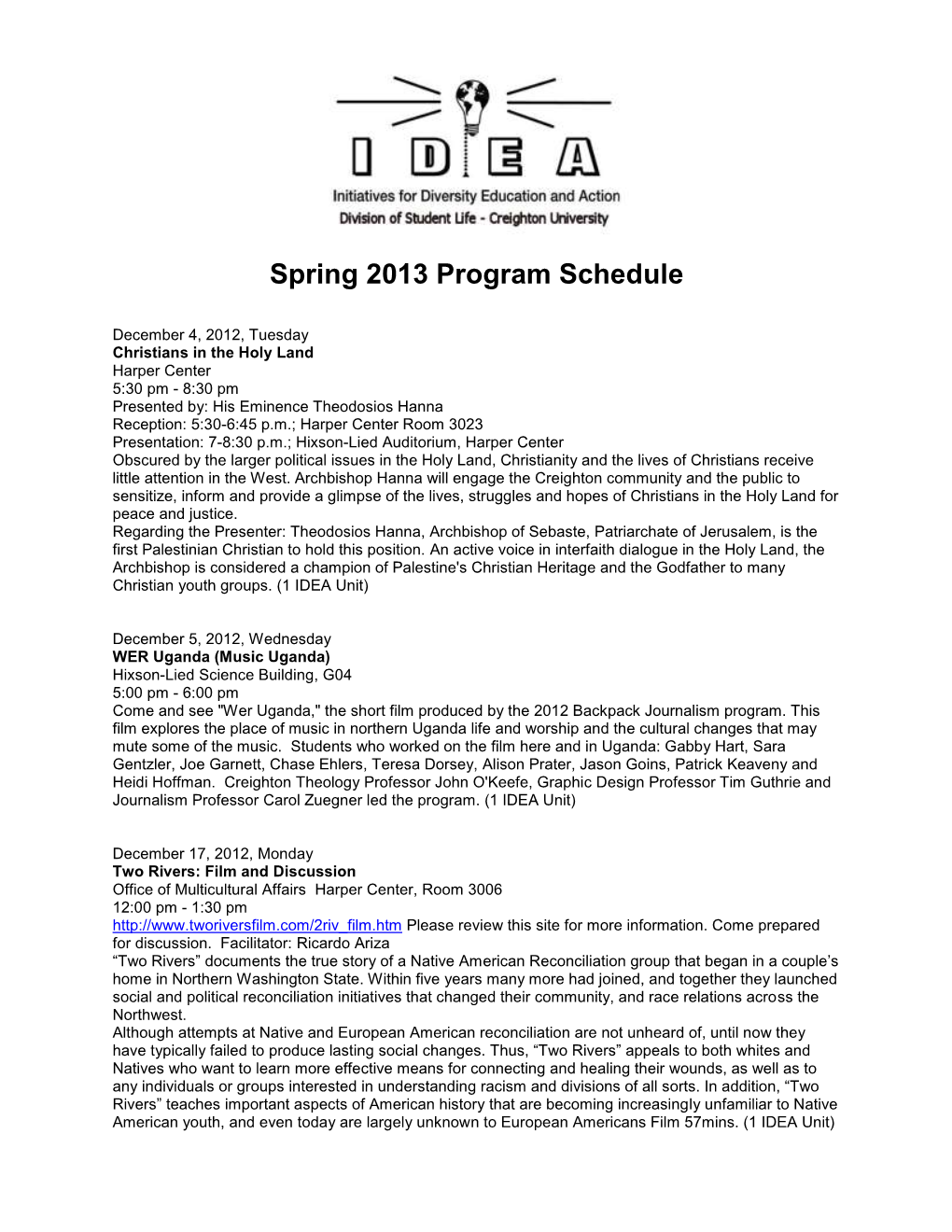 Spring 2013 Program Schedule