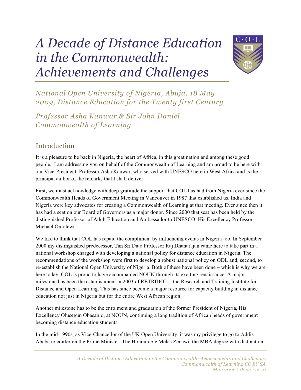 A Decade of Distance Education in the Commonwealth: Achievements and Challenges