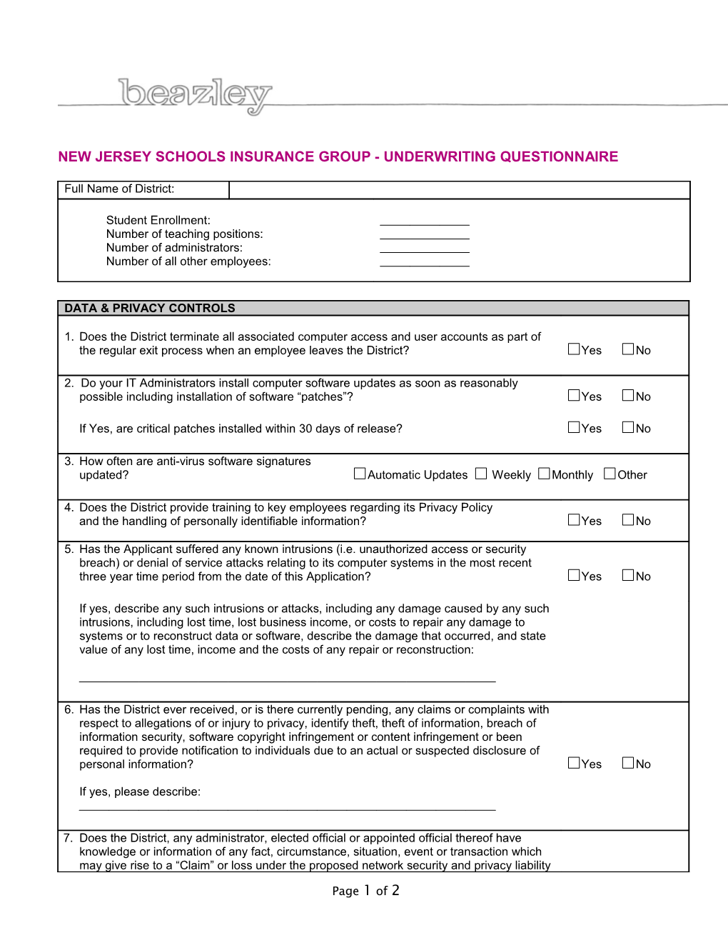 New Jersey Schools Insurance Group - Underwriting Questionnaire