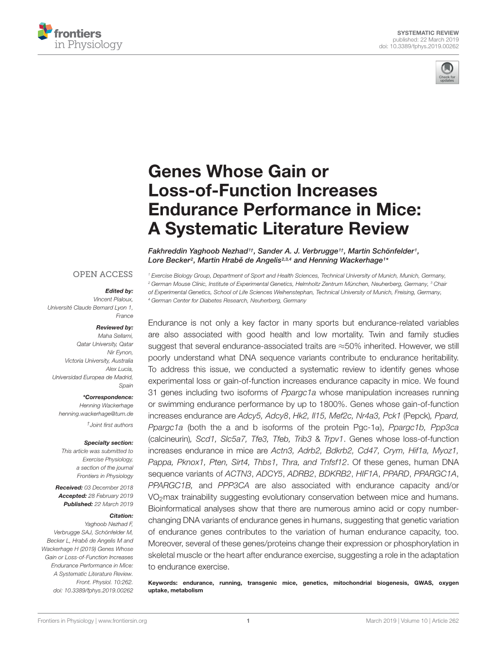 Genes Whose Gain Or Loss-Of-Function Increases Endurance Performance in Mice: a Systematic Literature Review