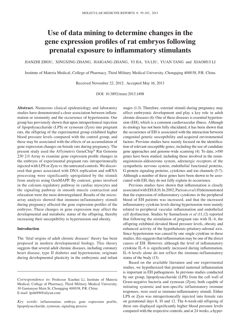 Use of Data Mining to Determine Changes in the Gene Expression Profiles Ofrat Embryos Following Prenatal Exposure to Inflammatory Stimulants