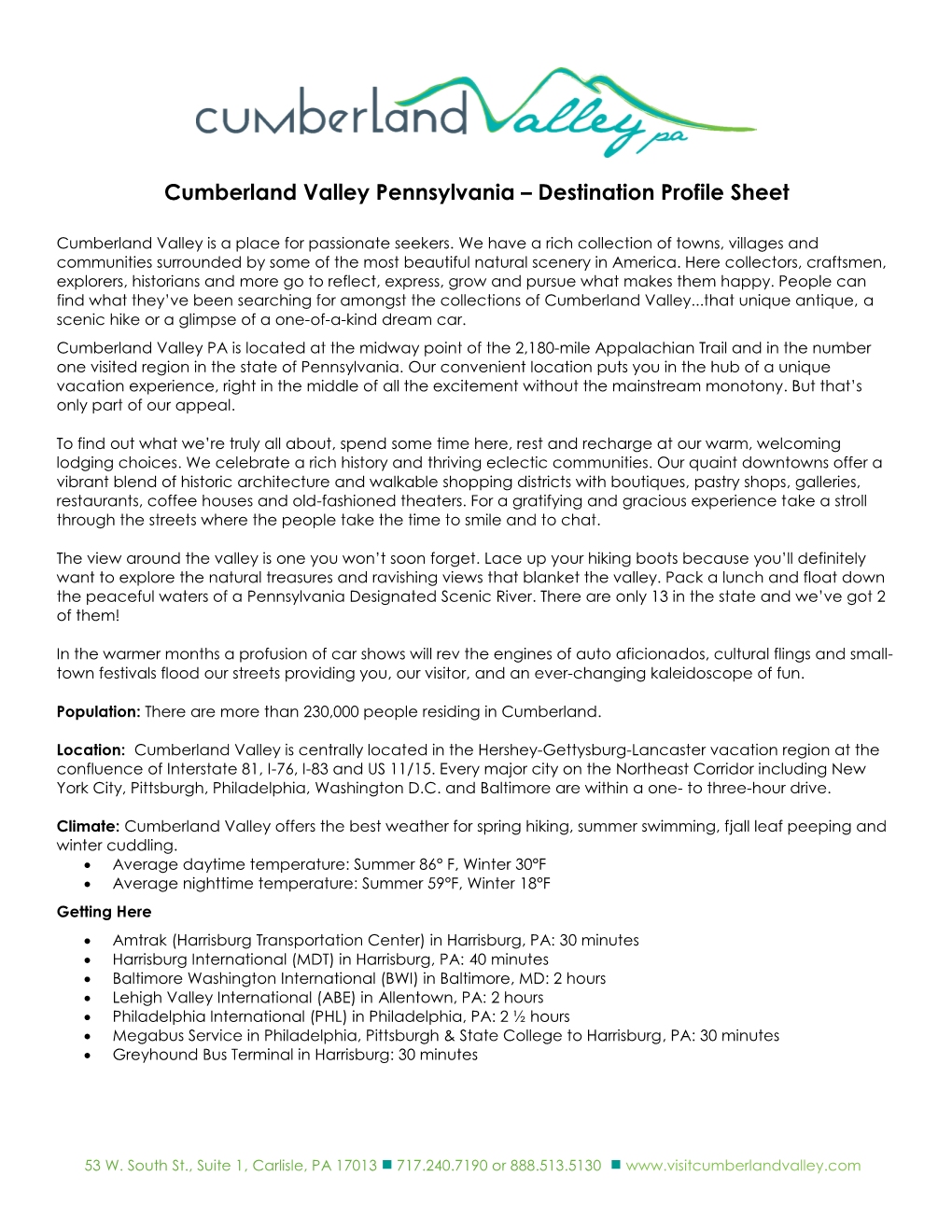 Cumberland Valley Pennsylvania – Destination Profile Sheet