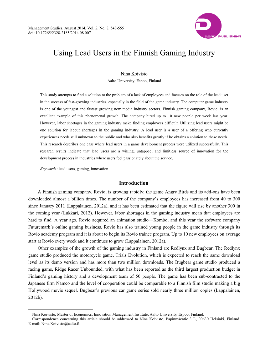 Using Lead Users in the Finnish Gaming Industry