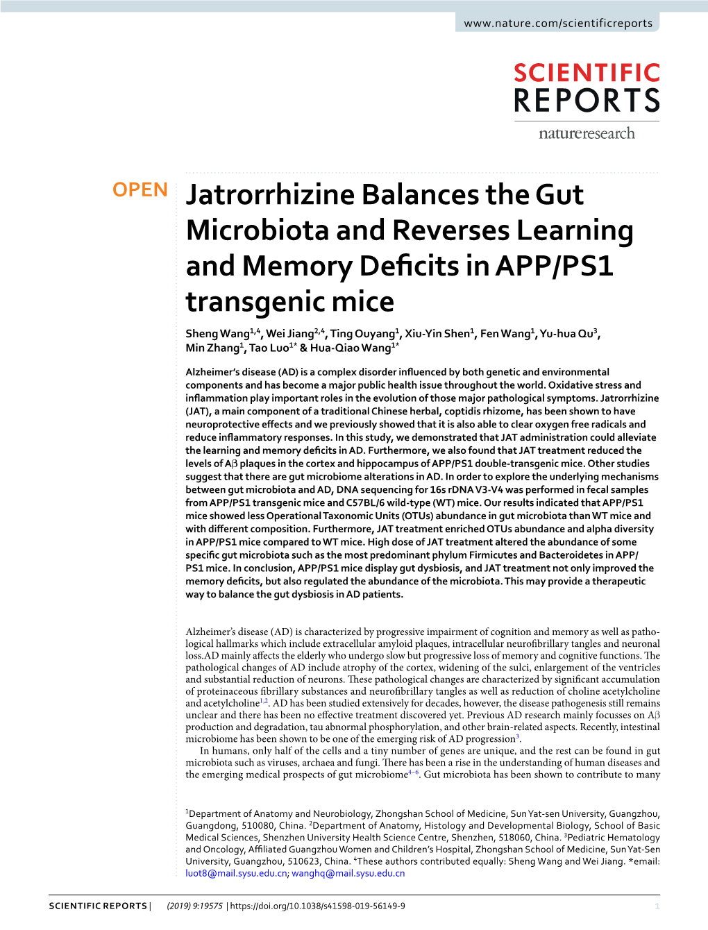 Jatrorrhizine Balances the Gut Microbiota and Reverses Learning