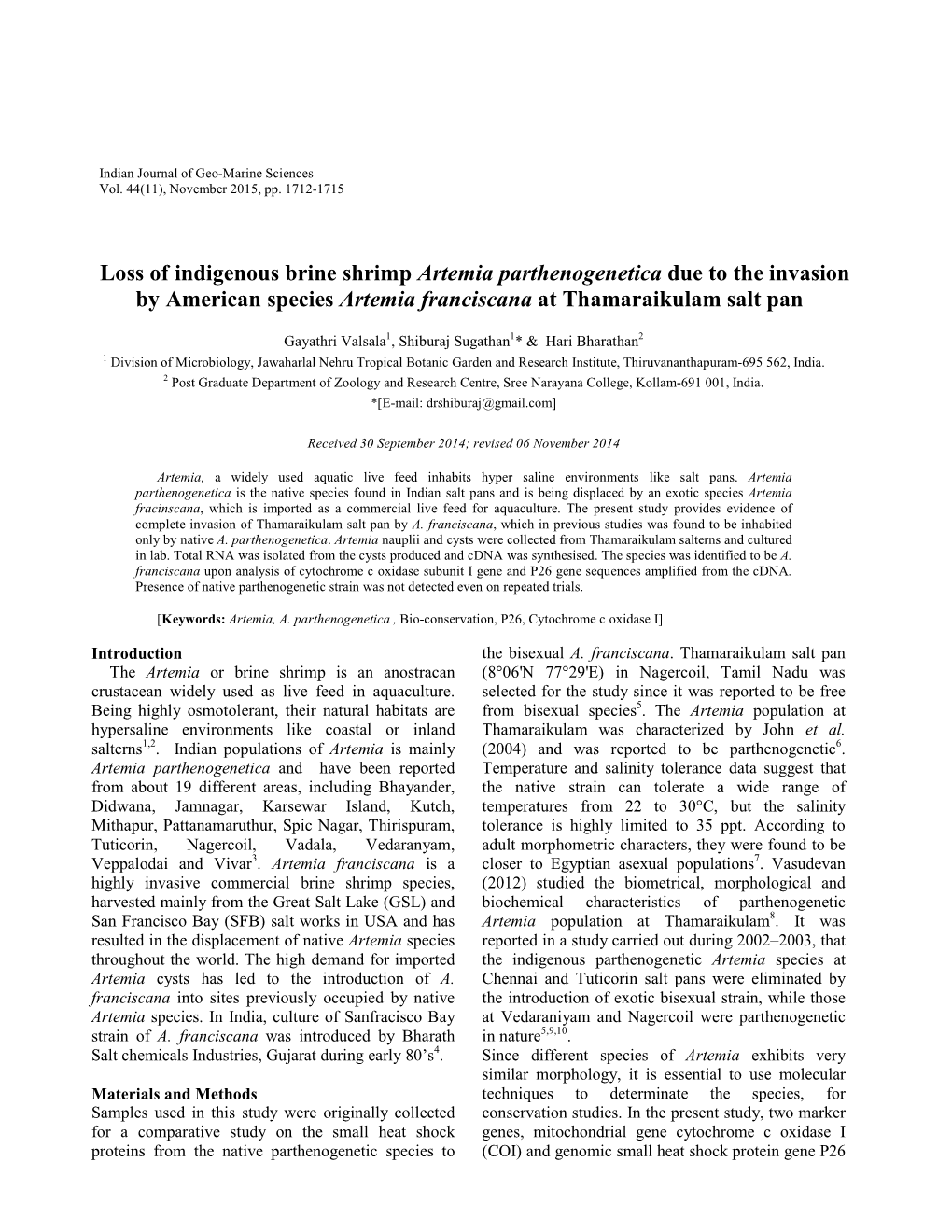 Loss of Indigenous Brine Shrimp Artemia Parthenogenetica Due to the Invasion by American Species Artemia Franciscana at Thamaraikulam Salt Pan