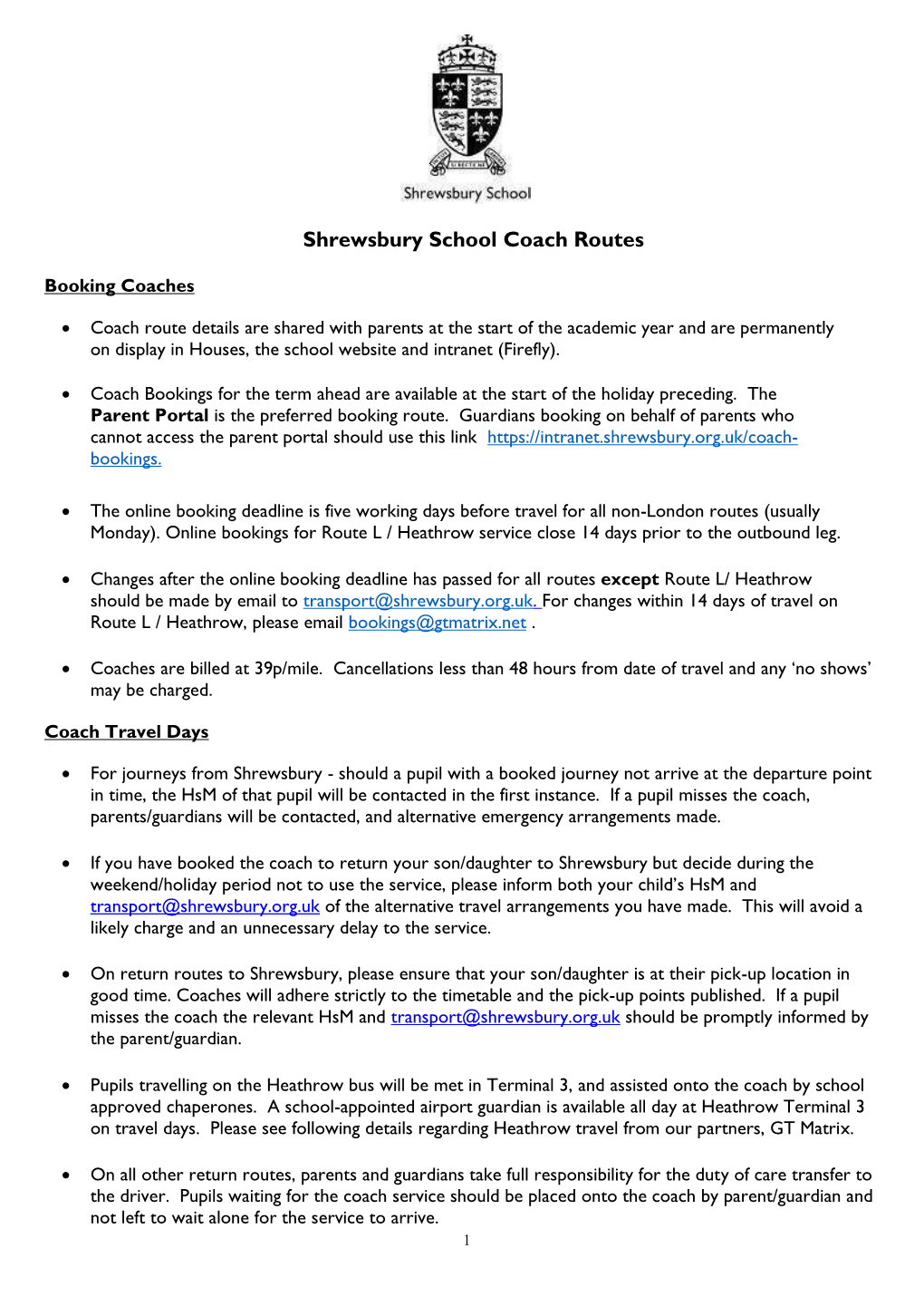 Shrewsbury School Coach Routes