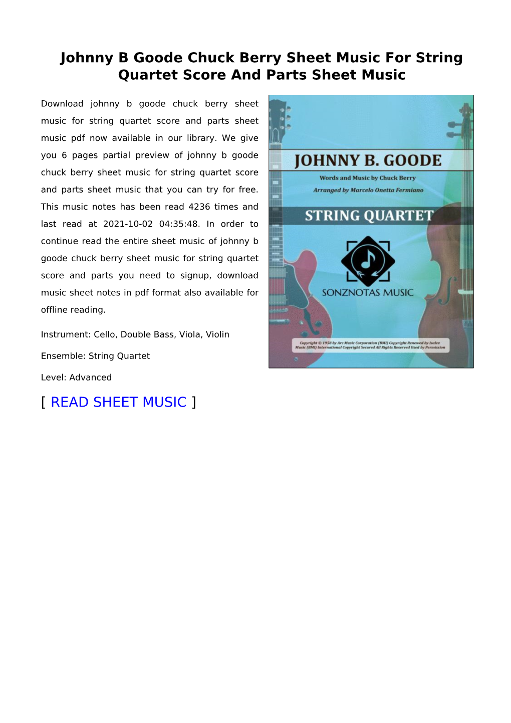 Johnny B Goode Chuck Berry Sheet Music for String Quartet Score and Parts Sheet Music