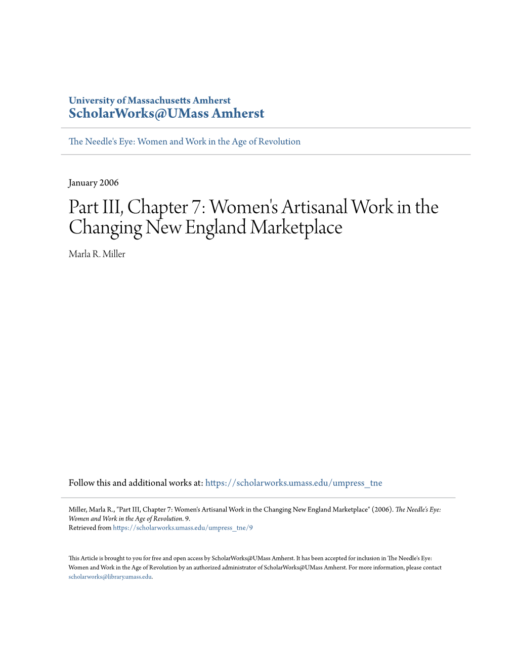 Part III, Chapter 7: Women's Artisanal Work in the Changing New England Marketplace Marla R