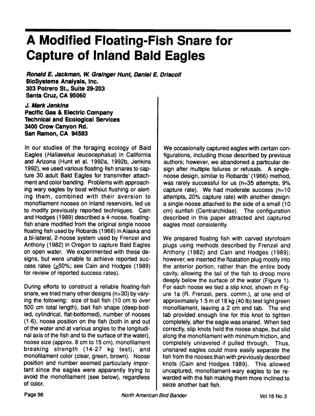 A Modified Floating-Fish Snare for Capture of Inland Bald Eagles