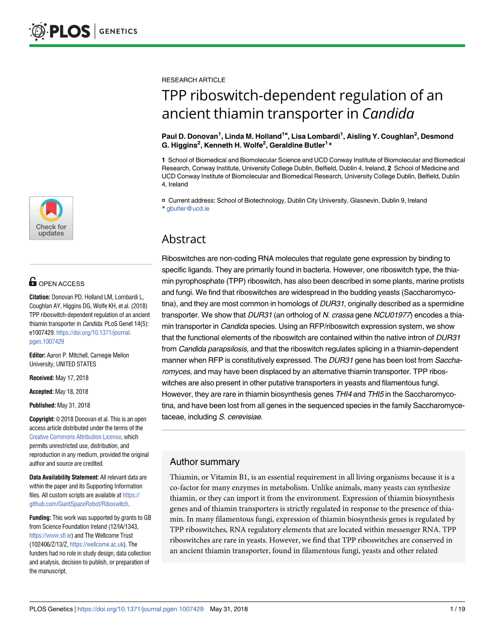 TPP Riboswitch-Dependent Regulation of an Ancient Thiamin Transporter in Candida