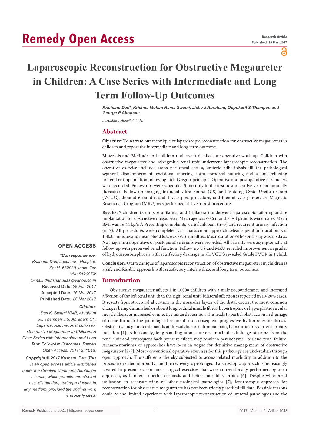 Laparoscopic Reconstruction for Obstructive Megaureter in Children: a Case Series with Intermediate and Long Term Follow-Up Outcomes