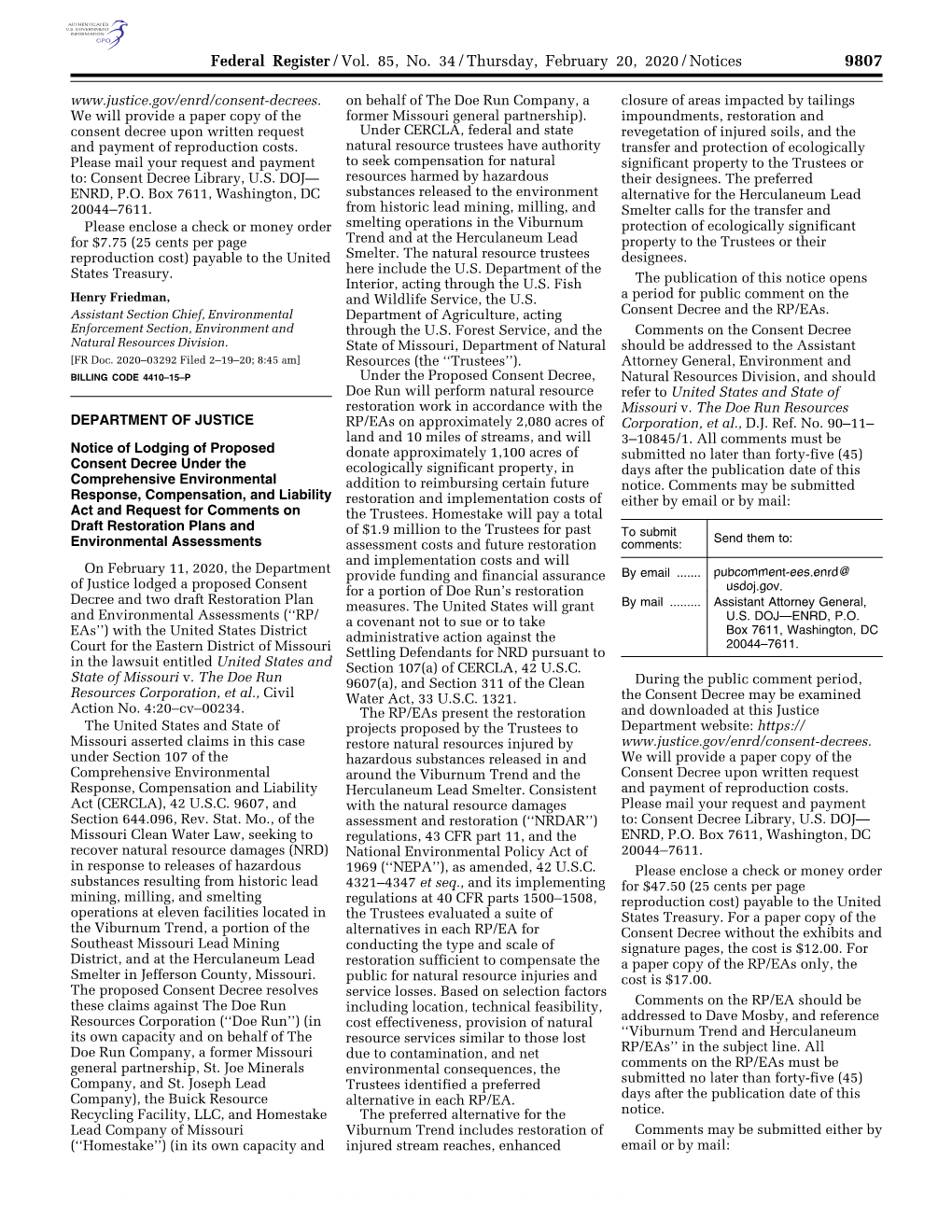 Federal Register/Vol. 85, No. 34/Thursday, February 20, 2020