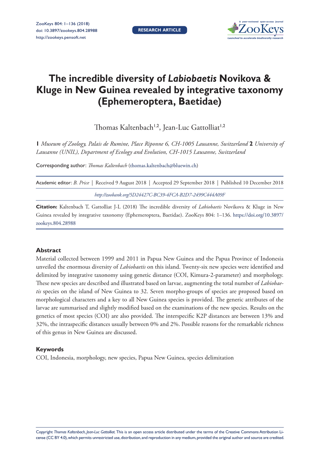 The Incredible Diversity of Labiobaetis Novikova & Kluge in New Guinea Revealed by Integrative Taxonomy (Ephemeroptera, Baetidae)