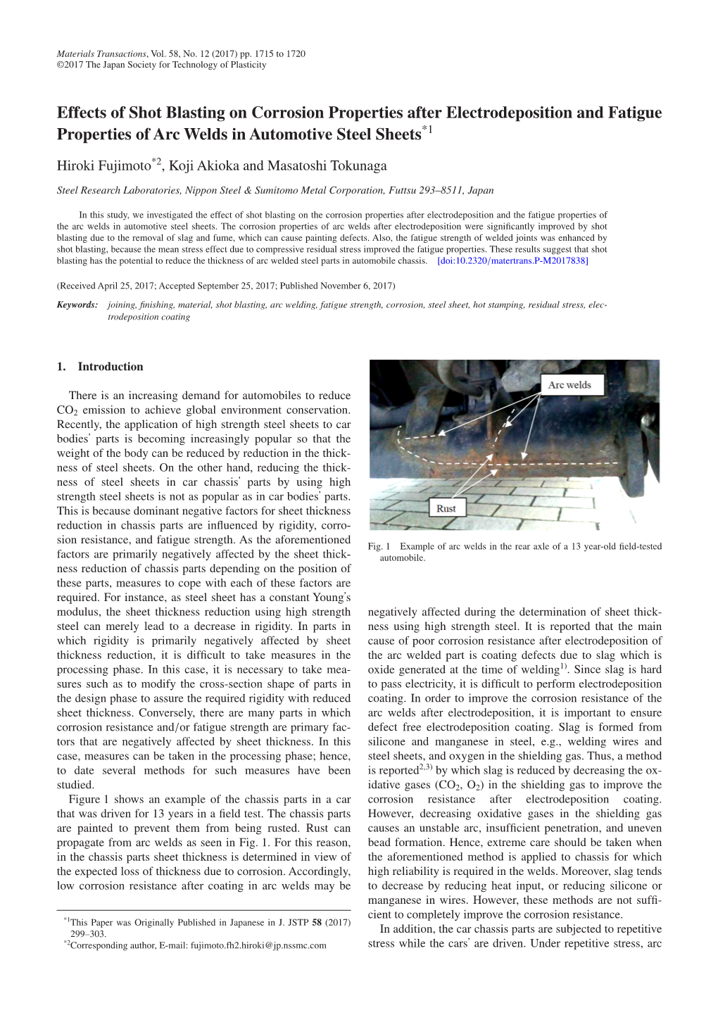 Effects of Shot Blasting on Corrosion Properties After Electrodeposition and Fatigue Properties of Arc Welds in Automotive Steel Sheets*1