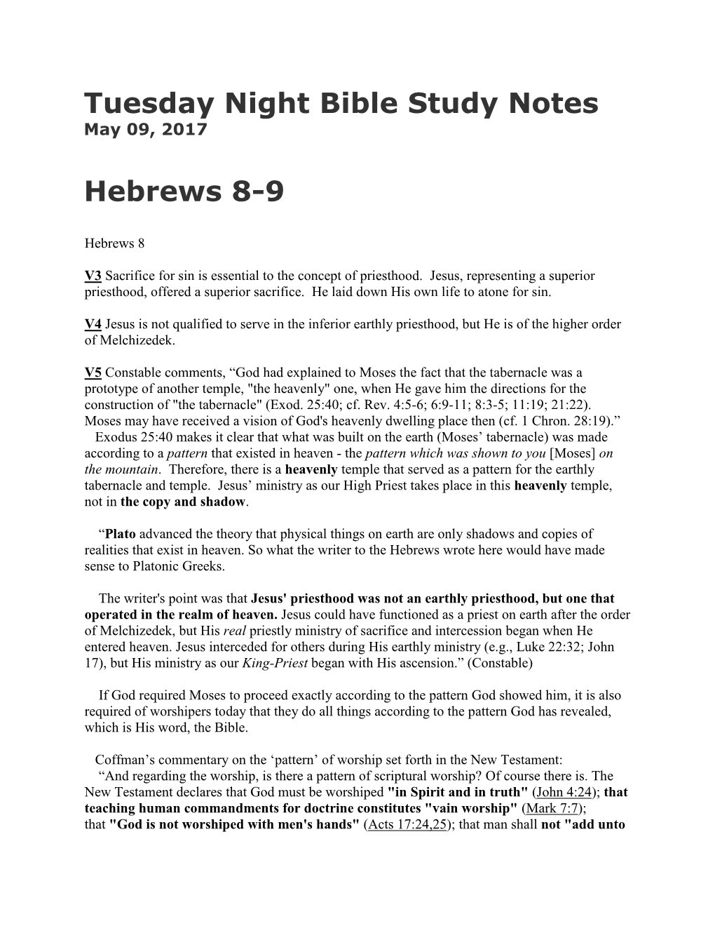 Tuesday Night Bible Study Notes Hebrews