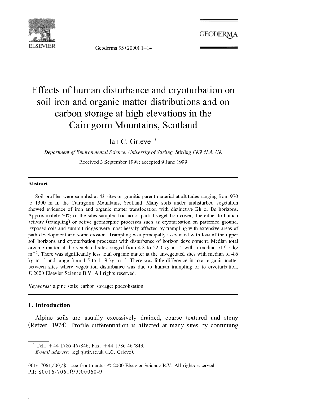 Effects of Human Disturbance and Cryoturbation on Soil Iron and Organic Matter Distributions and on Carbon Storage at High Eleva