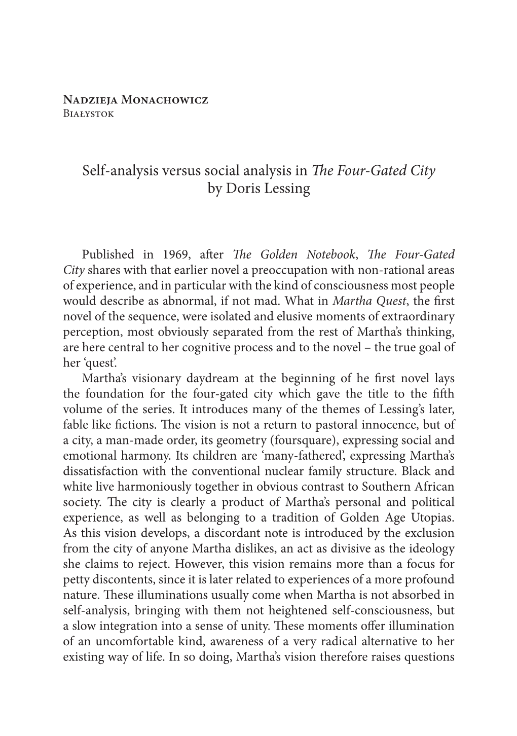 Self-Analysis Versus Social Analysis in the Four-Gated City by Doris Lessing