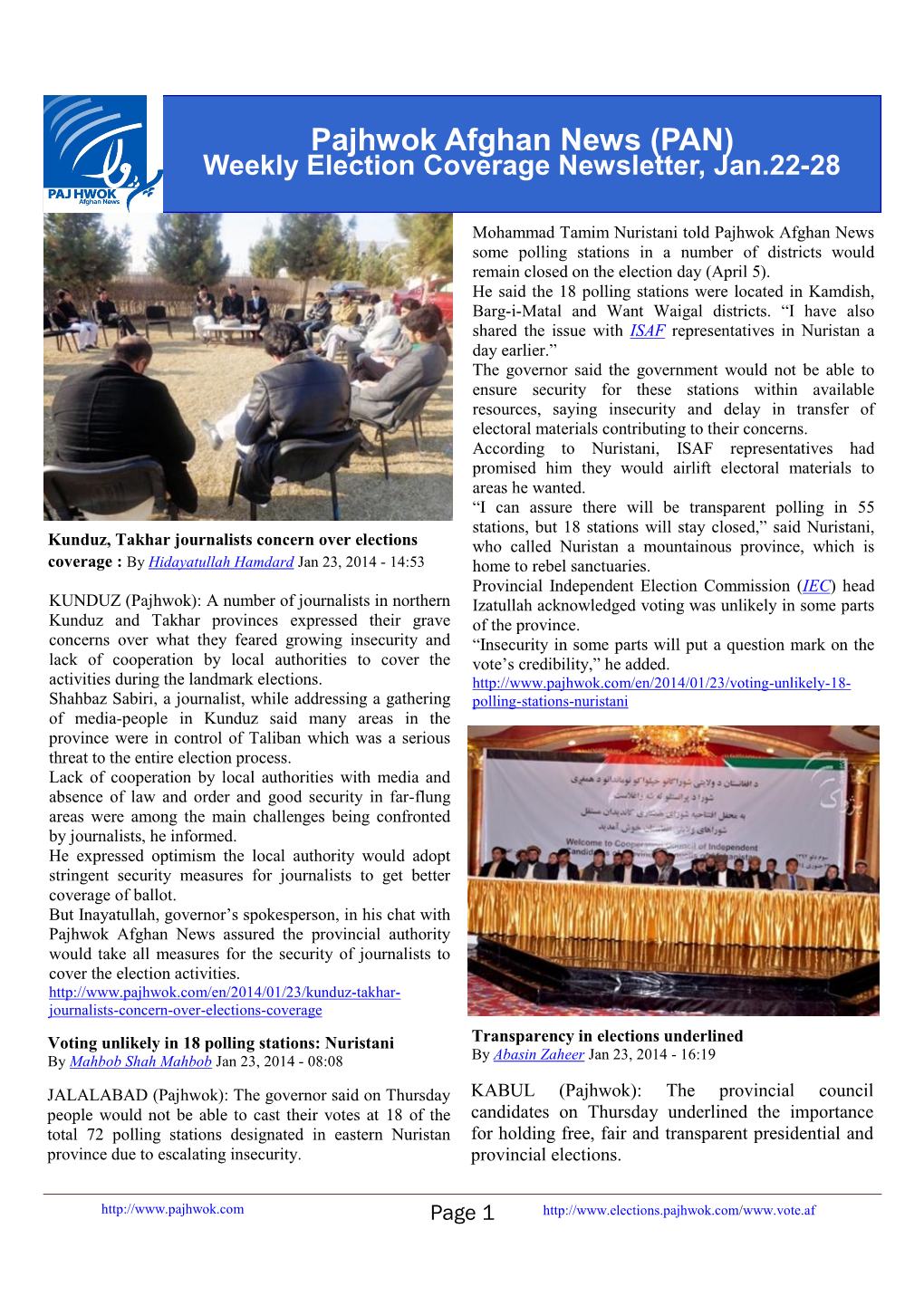 Pajhwok Afghan News (PAN) Weekly Election Coverage Newsletter, Jan.22-28