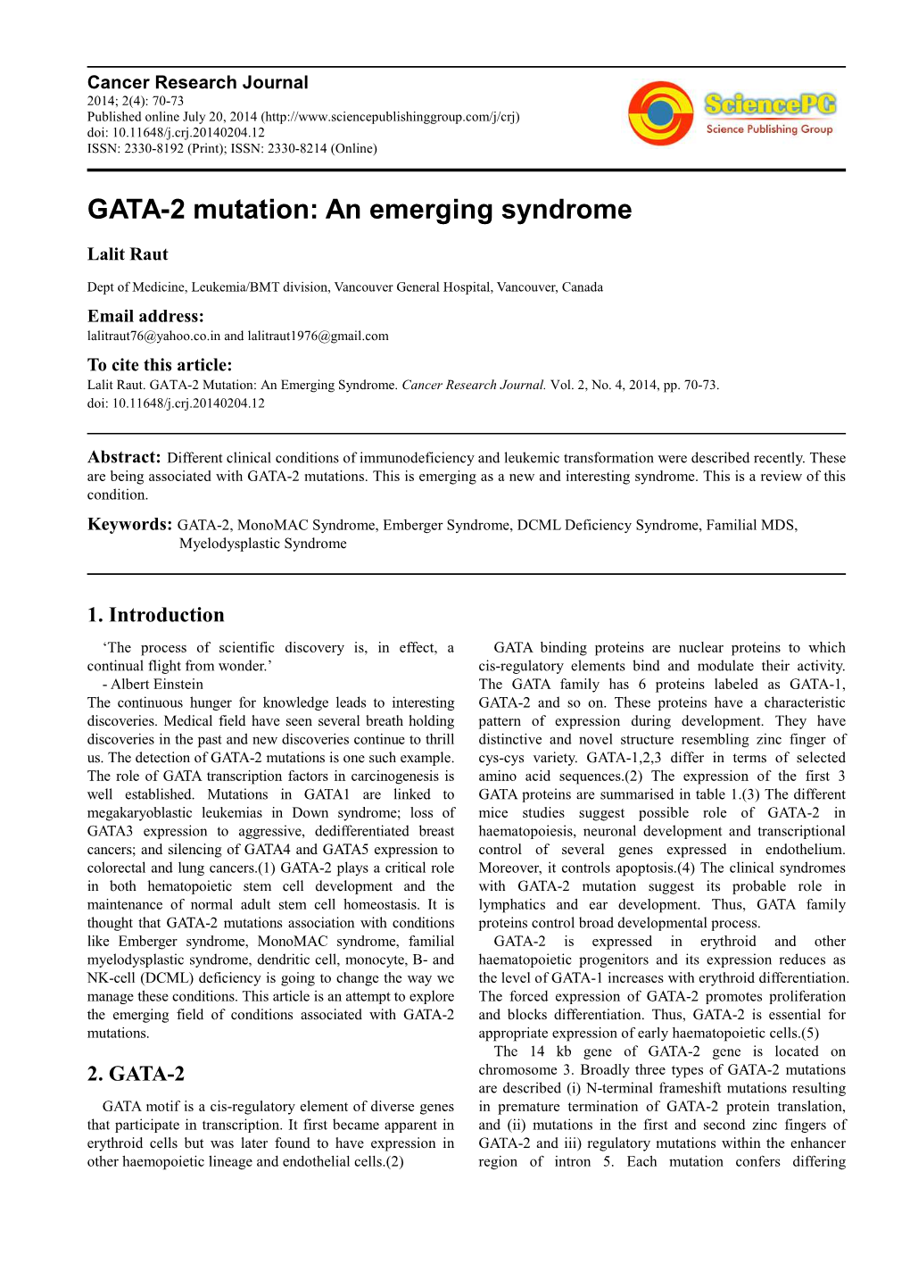 GATA-2 Mutation: an Emerging Syndrome