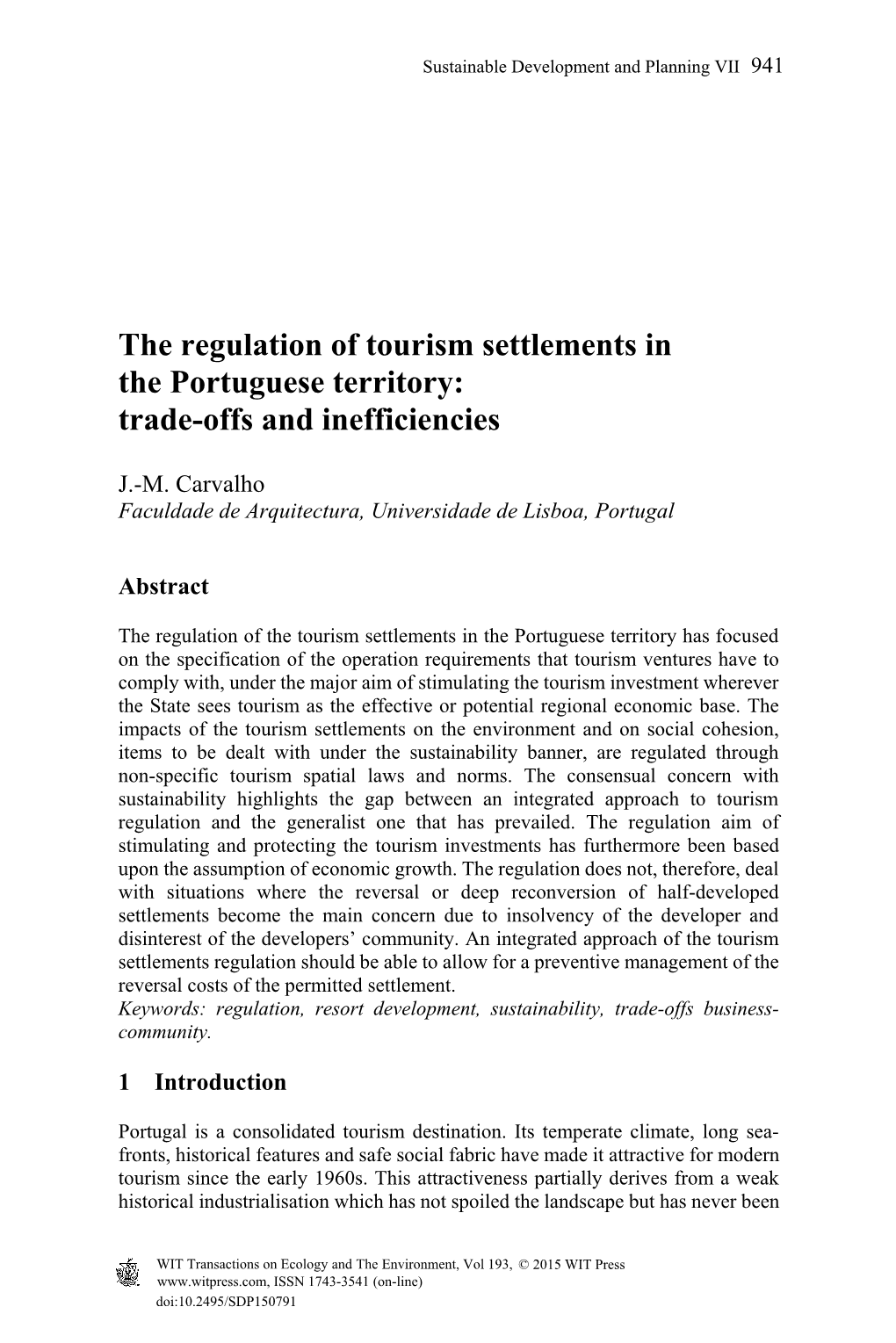 The Regulation of Tourism Settlements in the Portuguese Territory: Trade-Offs and Inefficiencies