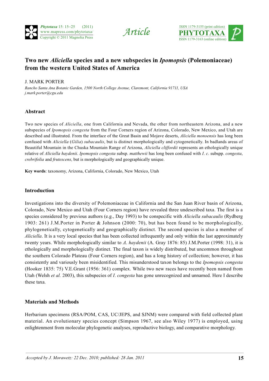 Two New Aliciella Species and a New Subspecies in Ipomopsis (Polemoniaceae) from the Western United States of America