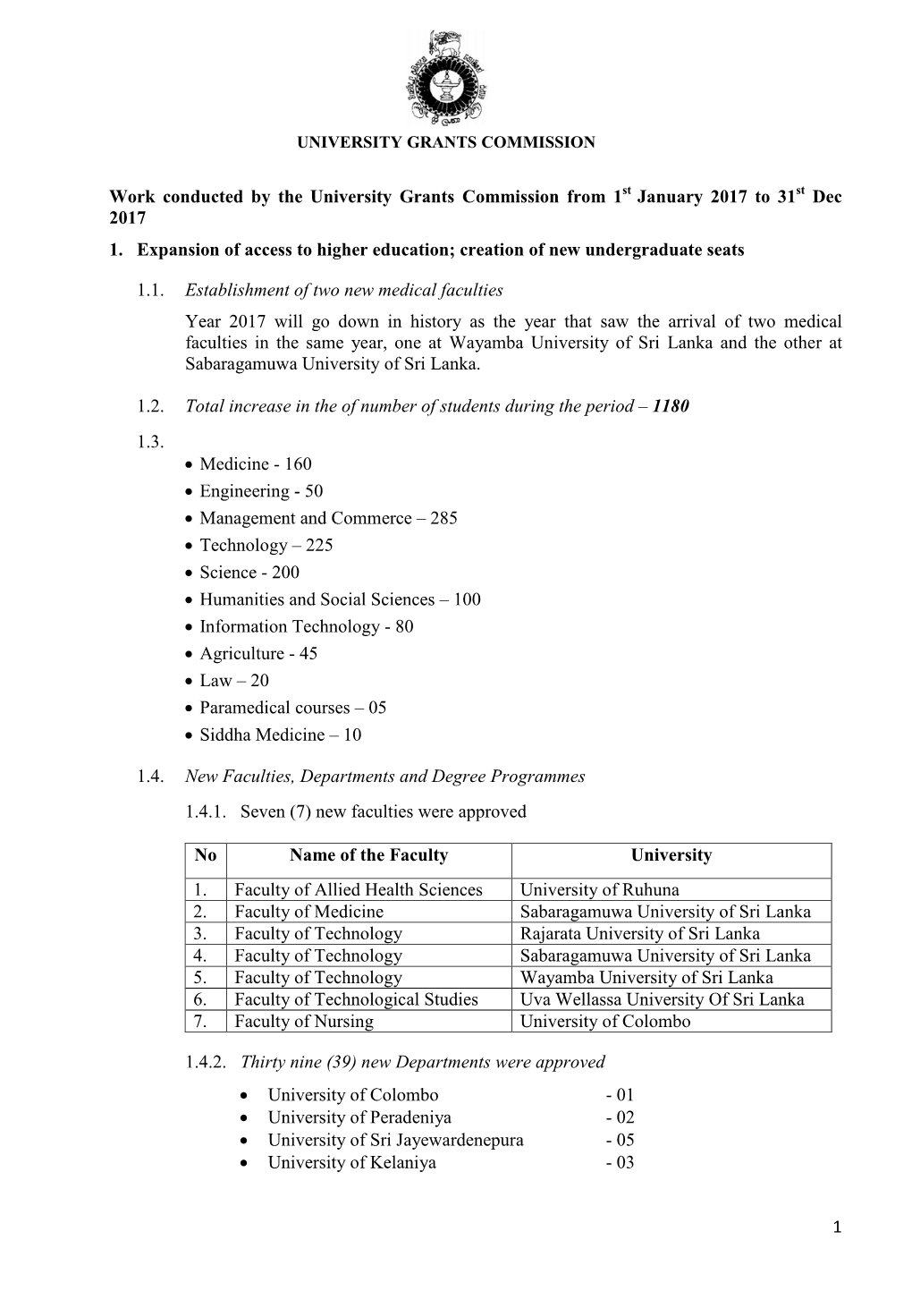 1 Work Conducted by the University Grants Commission from 1 January