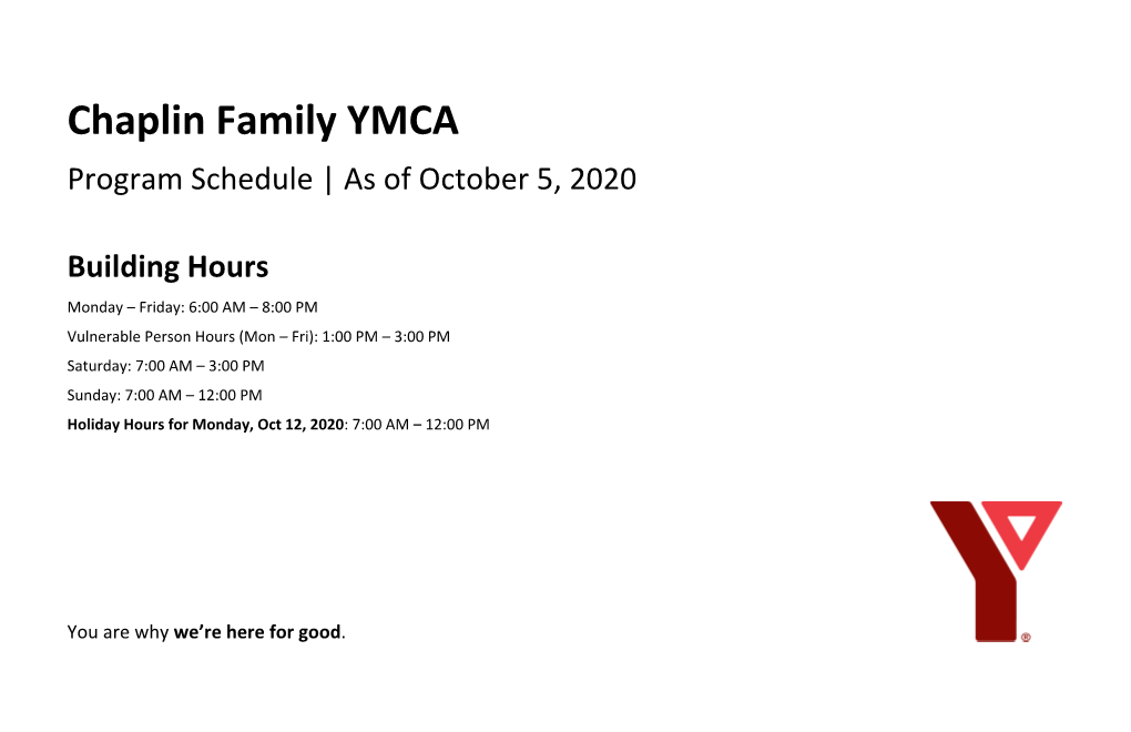 Chaplin Family YMCA Program Schedule | As of October 5, 2020