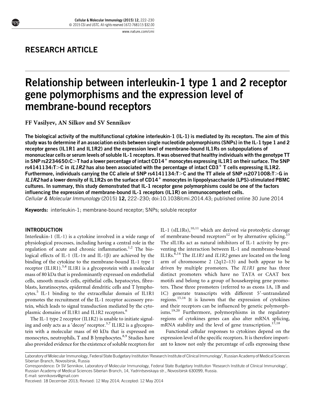 Relationship Between Interleukin-1 Type 1 and 2 Receptor Gene Polymorphisms and the Expression Level of Membrane-Bound Receptors