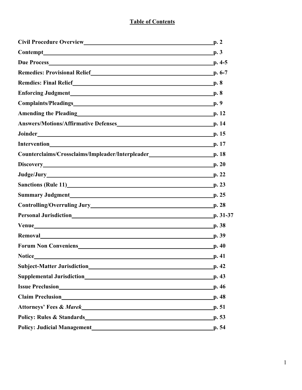 1 Table of Contents Civil Procedure Overview P. 2 Contempt P. 3 Due